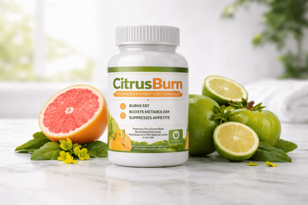 Citrus Burn bottle on a table with citrus fruits - Honest Review and Results